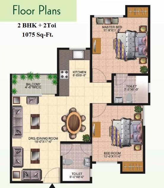 2 BHK Floor Plan 1075 sqft Ridge Residency